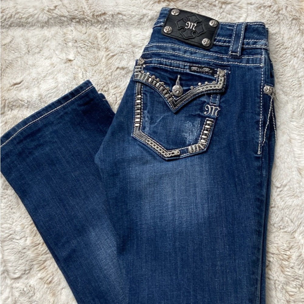 Miss Me Dark Blue Boot Cut Jeans with Silver Accents